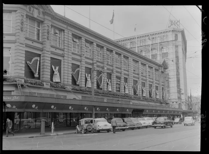 Christmas decorations on Kirkcaldies Department Store, Lambton Quay, Wellington