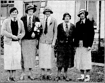 Image: Evening Post" Fnoto. WINNERS OF THE TASMAN CUP.—The Australian ladies' golf team which overwhelmed New Zealand in the match for the Tasman Cup, winning every match of the series played at Titirangi, Auckland. From left, Miss J. Hammond, Mrs. C. Robinson, Miss MacLeod Miss Lascelles, and Miss Bailey. The latter was emergency, and did not play in any of the matches. (Evening Post, 27 September 1934)