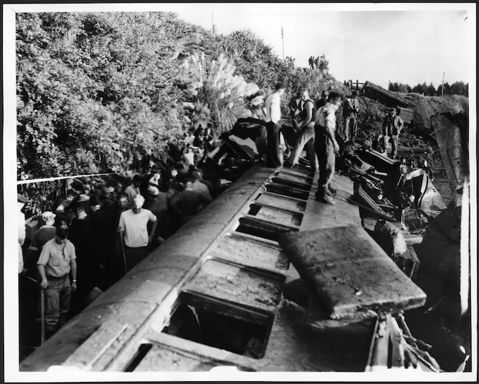 Railway carriage lying on its side at the scene of the railway disaster at Tangiwai