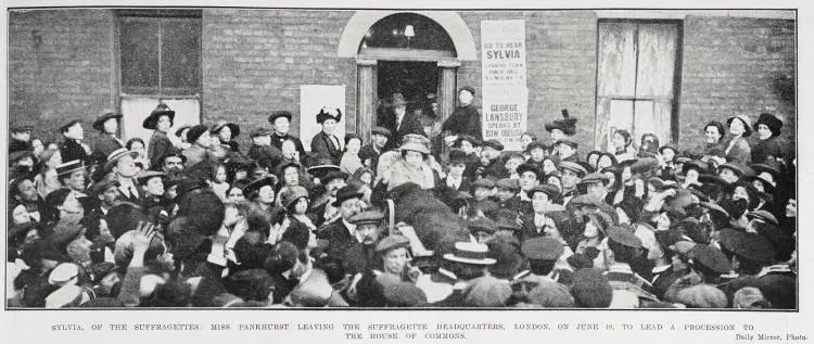 Miss Sylvia Pankhurst leaving the suffragette headquarters, London, 10 June 1914