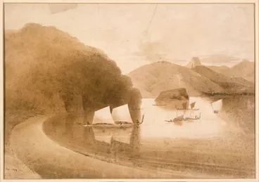 Image: [Heaphy, Charles] 1820-1881: View southeast from Oahuru Bay, north of Coromandel, towards Motupohukuo Island (Turkey Island) and Motutere / Castle Rock, Coromandel Peninsula