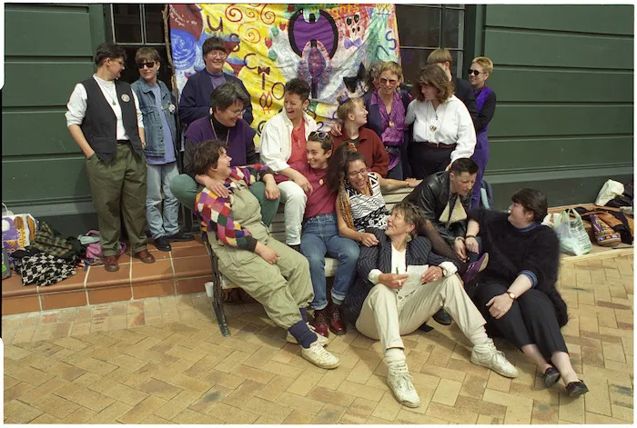 Women gathered in Civic Square, Wellington, to celebrate International Lesbian Day - Photograph taken by Melanie Burford