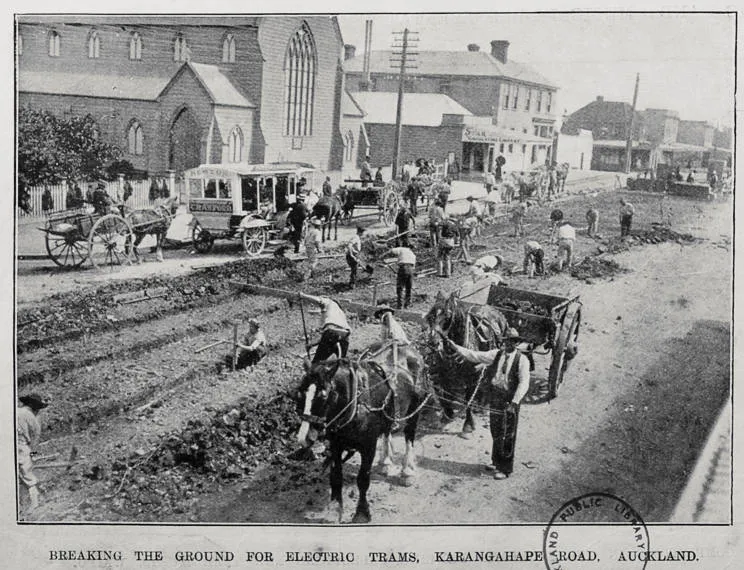 Breaking the ground for electric trams, Karangahape Road, Auckland
