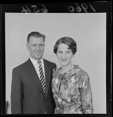 Image: Engagement portrait of Mr Adams and Miss Lemmon within an unknown building, probably Wellington Region