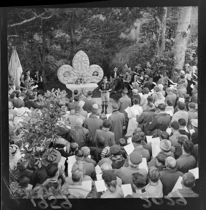 Unveiling ceremony for a memorial erected by a Scout group, in dedication to Mary Crowther, Moore's Valley, Wainuiomata