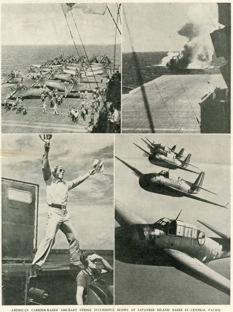 American carrier-based aircraft strike successful blows at Japanese island bases in central Pacific