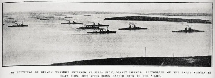 The scuttling of German warships interned at Scapa Flow, Orkney Islands: photograph of the enemy vessels in Scapa Flow, just after being handed over to the Allies