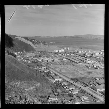Image: Gracefield industrial area from Wainuiomata hill, with Gracefield Road in foreground and Wellington Harbour beyond
