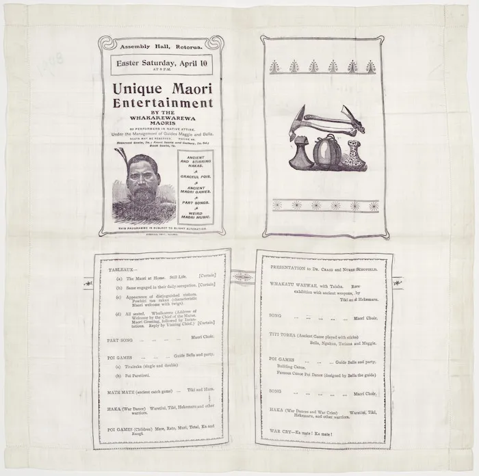 Silk handkerchief publicising a "Unique Maori Entertainment by the Whakarewarewa Maoris" in Rotorua on Easter Saturday
