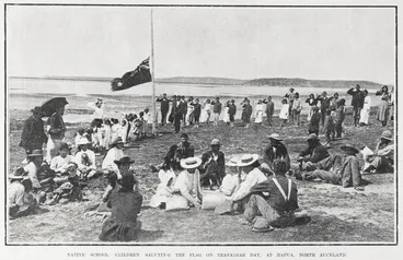Image: NATIVE SCHOOL CHILDREN SALUTING THE FLAG ON TRAFALGAR DAY, AT HAPUA NORTH AUCKLAND