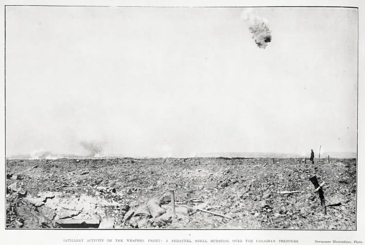 Artillery activity on the western front : a shrapnel shell bursting over the Canadian trenches