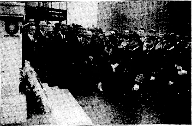 Admiral Seizo Kobayashl, C.8., C.V.0., and officers of the Japanese squadron saluting the Cenotaph opposite the Government Buildings, yesterday afternoon after tho admiral had laid aJwreath on the Cenotaph in tribute to those New. Zealandors who lost tbeir lives dur.ng the Great Wai. (Evening Post, 26 July 1928)