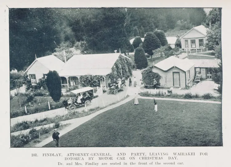 Dr. Findlay, attorney-general, and party, leaving Wairakei for Rotorua by motor car on Christmas day