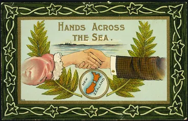Image: [Postcard]. Hands across the sea. New Zealand. 895. Postcard "National" series, made in Gt Britain. [ca 1910].