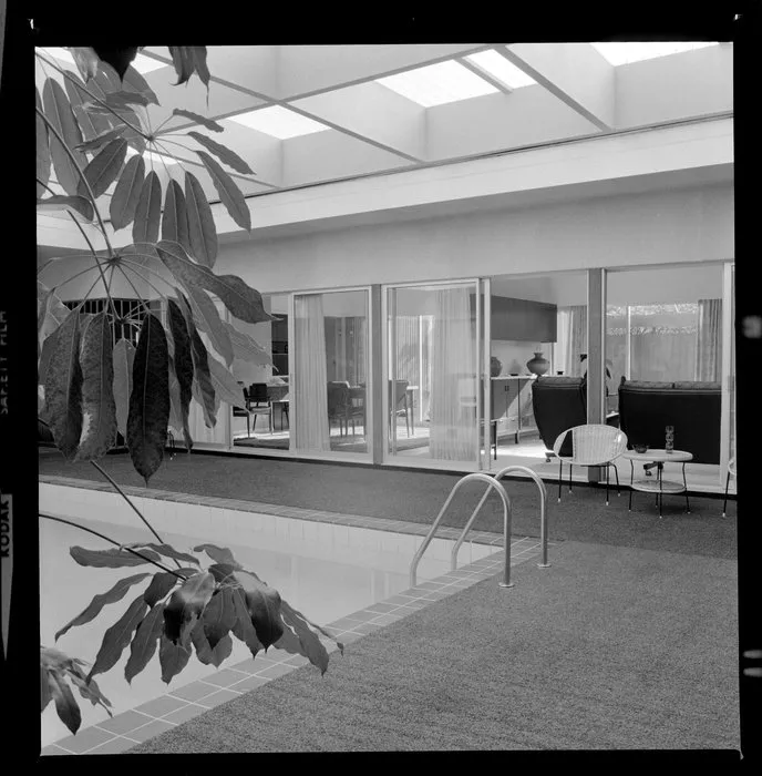 Tuston house, view from swimming pool area to living room and dining room