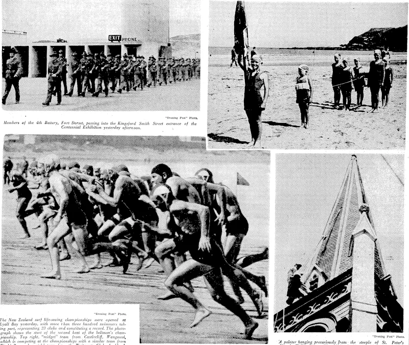 Evening Post" Photo. The New Zealand surf life-saving championships were opened at Lyall Bay yesterday, icith more than three hundred swimmers tak~ ing part, representing 23 clubs and constituting a record. The photograph shows the start of the second heat of the beltman's clianu pionship. Top right, "midget" team from. Castlecliff, Wanganuit which is competing at the championships with a similar team from, Titahi Bay-and-a girls' learn from the Waitemala Club, Auckland^ ; (Evening Post, 17 February 1940)