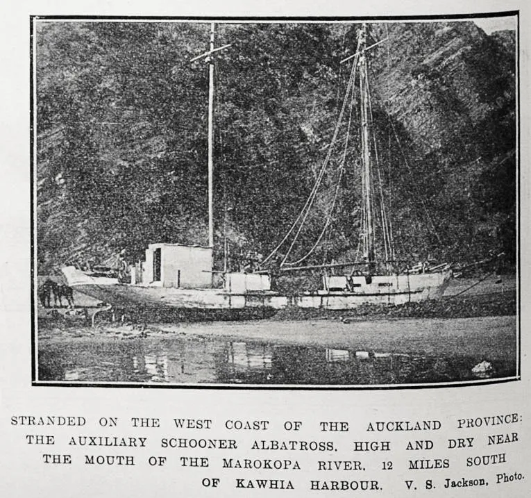 The auxiliary schooner Albatross, high and dry near the mouth of the Marokopa River