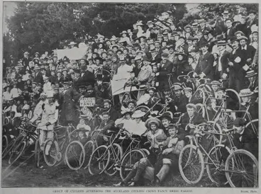 Image: Group of cyclists attending the Auckland cycling club's fancy dress parade