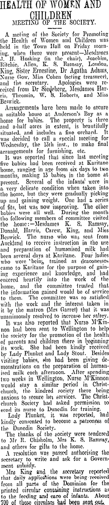 Image: HEALTH OF WOMEN AND CHILDREN (Otago Daily Times 11-11-1907)
