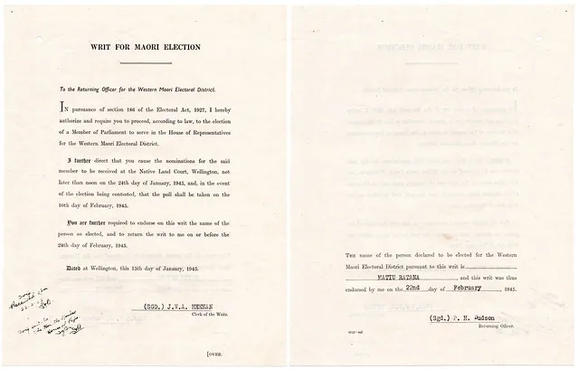 Western Maori Election Writ, Matiu Ratana, 1945