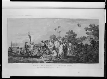 Image: Hodges, William, 1744-1797 :The landing at Middleburgh, one of the Friendly Isles. Painted by W. Hodges. Engraved by J. K. Shirwin. Publ.d Feb 1st 1777, by W. Strahan, New Street, Shoe Lane, and Tho.s Cadel, in the Strand, London.