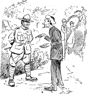 Image: WHERE HE SPRUNG FROM. Clement Wragge (with guest viewing botanical gardens): 1 take a keen interest in the Maori race and its origin. Now, do you know where you came from ? Hemi te Pu (back from the front): Aye; Somewhere in franee. (Observer, 19 October 1918)