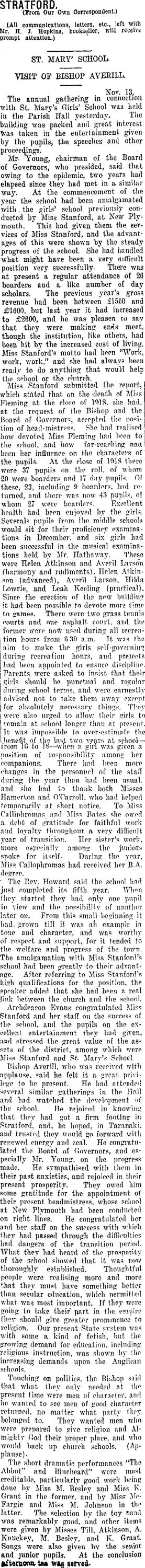 STRATFORD. (Taranaki Daily News 14-11-1919)