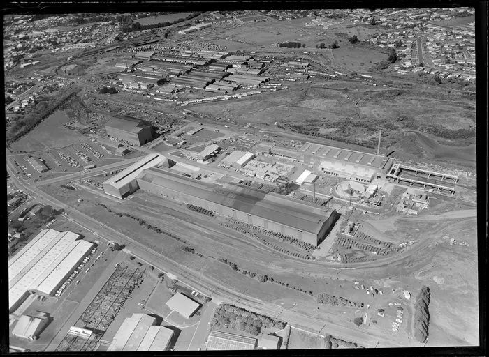 Favona Road [James Fletcher Drive], Otahuhu, Auckland, featuring factories of Pacific Steel Group