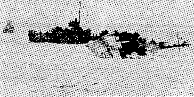 Her crew rescued, the sinking American destroyer William D. Porter heels over and sinks as the rescuing craft pull clear. The William D. Porter was hit by a Japanese suicide plane off Okinawa)and sank in a few minutes. (Evening Post, 24 July 1945)