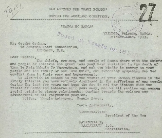 Letter on the death of Te Rata Mahuta Potatau Te Wherowhero from Faumuina-Fiame, Samoa