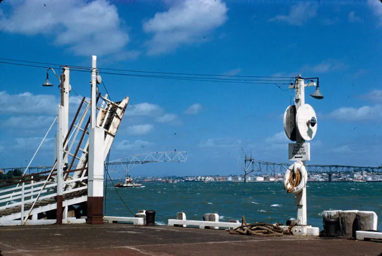 The incomplete harbour bridge viewed from Birkenhead wharf, 1959