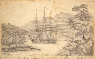 Image: Williams, Edward Marsh, 1818-1909 :H.M.S Herald in Sylvan Cove, Stewarts [sic] Island, 1840.