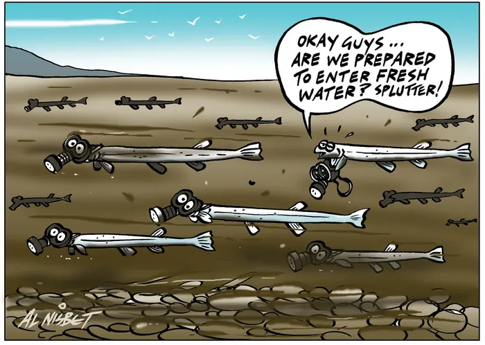 Nisbet, Alastair, 1958- :'Okay guys...are we prepared to enter fresh water? splutter!' 18 October 2012