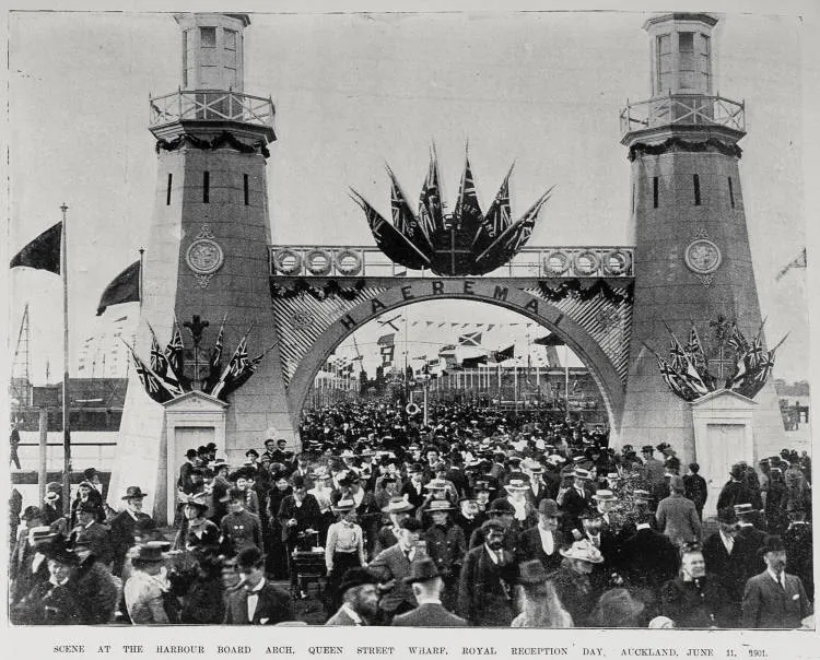 Scene at the Harbour Arch, Queen Street Wharf, Royal Reception Day, Auckland, June 11, 1901