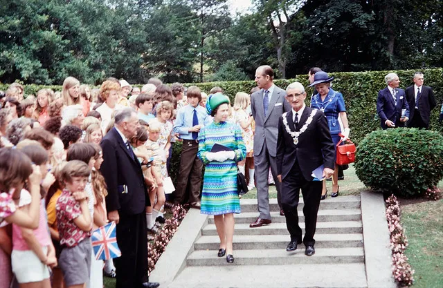 Queen Elizabeth II - 1974 Royal Tour of NZ - Oamaru Gardens with Mayor Bill Laney