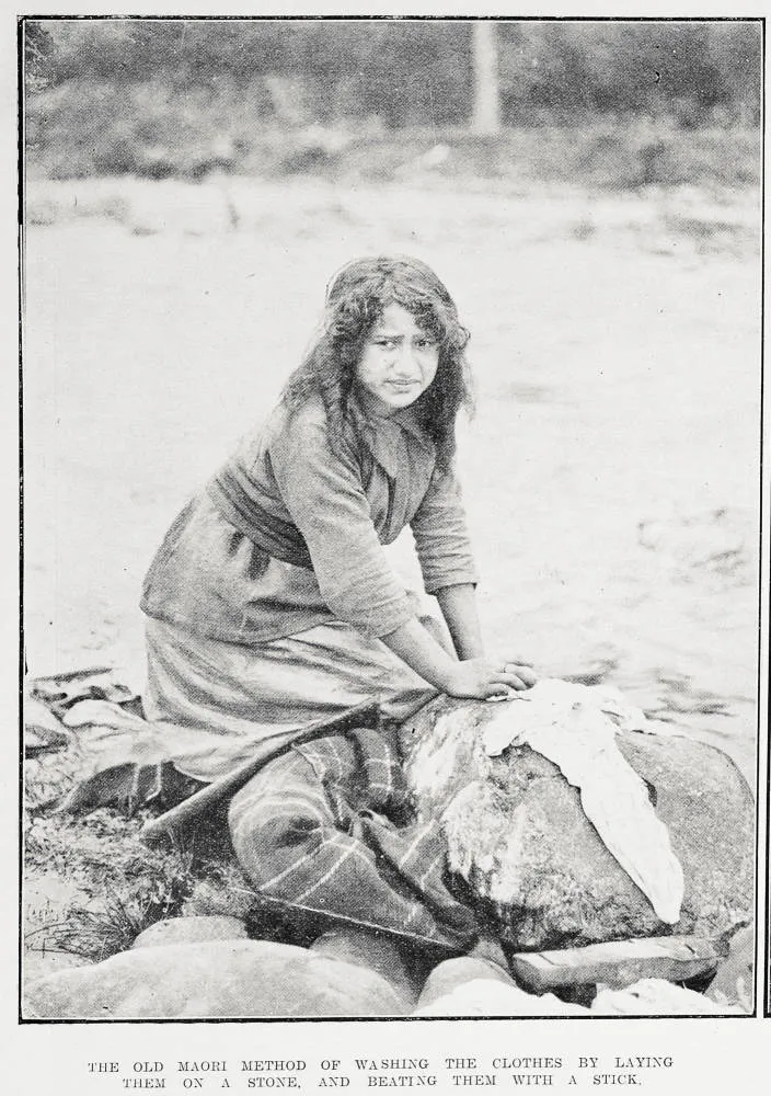 The old Māori method of washing the clothes by laying them on a stone, and beating them with a stick