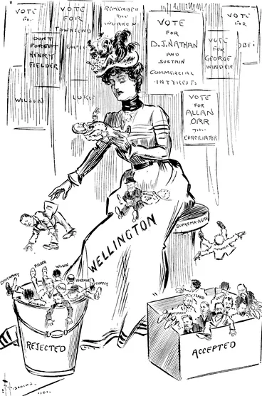 Image: WELLINGTON MAKES HER CHOICE.  "17/ not risk too many experiments in the spending oj that £880,000. But there are three or Jour very likely looking new samples that I really must try. As for the mayoralty, icell, the knighthood will match Aitkeris coloui the best. It might spoil Tommy s modest looks, and as he ivi t the least bit vain, that would be a calamity. (New Zealand Free Lance, 27 April 1901)