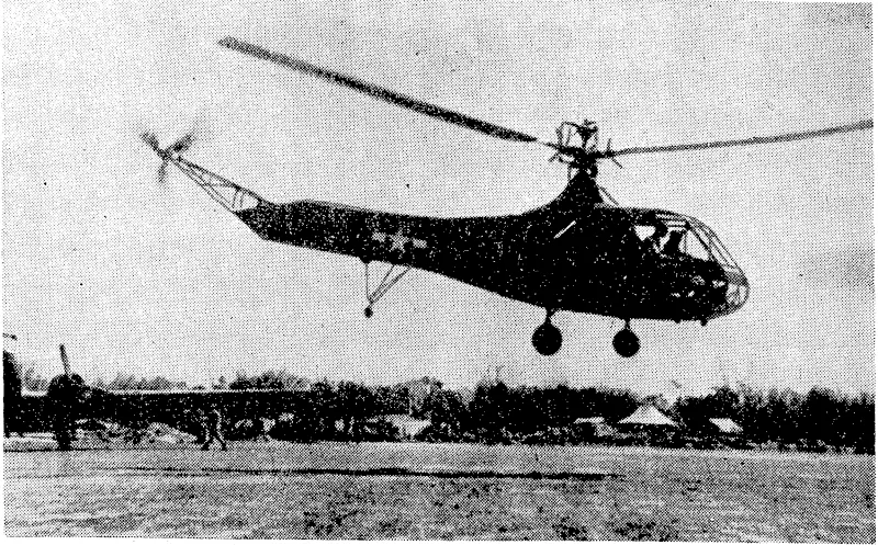 4 helicopter carrying supplies to British forces in Northern Burma. This ivas the first time these aircraft had been used in any theatre of the war against Japan. They are ideal for jungle warfare, being able to land in any clearing a few yards square. In this ivay troops, field-guns, mules, bullocks, and supplies are being transported to difficult positions more than 200 miles inside Japanese-occupied territory. (Evening Post, 12 January 1945)