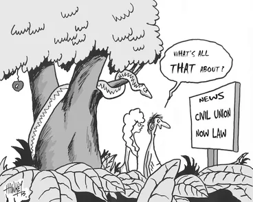 Image: Hawkey, Allan Charles, 1941-:News. Civil Union now law. Waikato Times, 28 April, 2005.