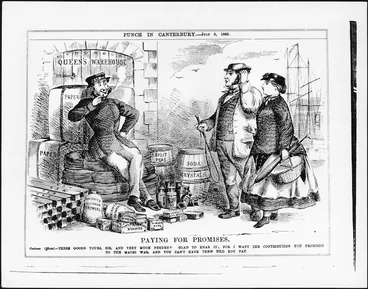 Image: Cartoonist unknown :Paying for promises. Punch in Canterbury, 8 July 1865.