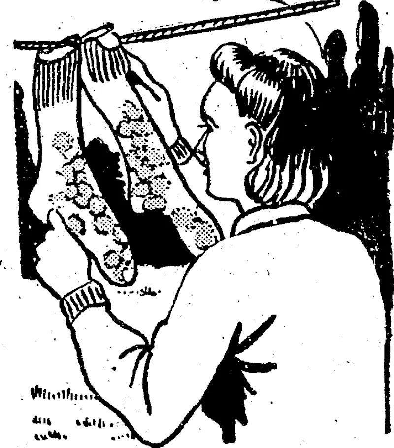 and allow them to dry gradually. The weight of the stones keeps them from shrinking, and allows them to dry in their original shape. This is a very good- method of drying hubby's and the children's socks on washing day —provided you have enough clean stones and do not expect the socks to dry in a hurry. (Evening Post, 19 July 1941)