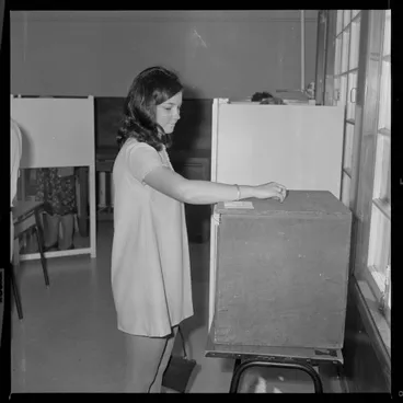 Image: Sue Gilliand at the ballot box, Tauranga Boys' College