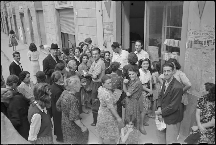 Italian civilians lining up for food rations in southern Florence, Italy, World War II - Photograph taken by George Kaye