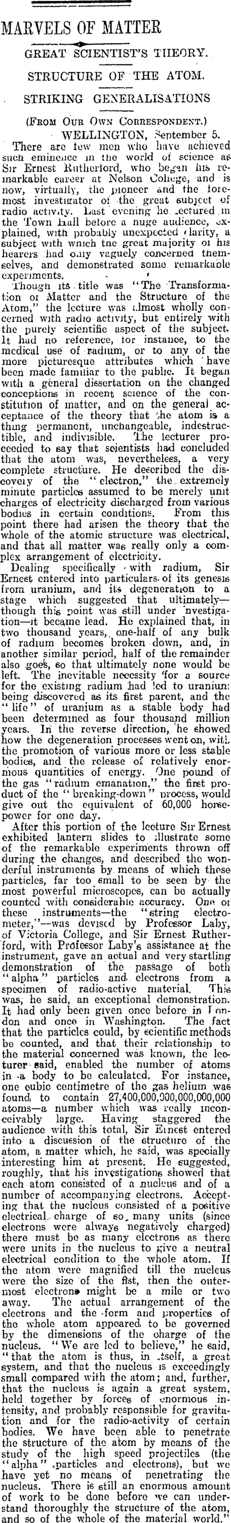 MARVELS OF MATTER (Otago Daily Times 7-9-1914)