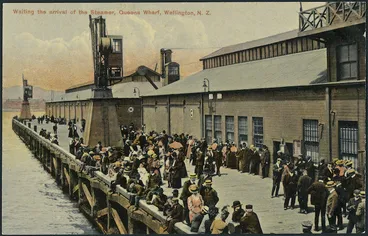 Image: [Postcard]. Waiting the arrival of the steamer, Queens Wharf, Wellington, N.Z. Industria series. Fergusson Limited, Sydney and London. No. 1007. [ca 1905-1914?]