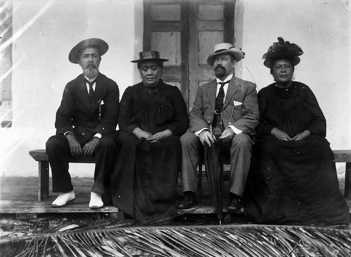 Pa Ariki, Queen Makea, Hon C H Mills and Tinomana Ariki, Rarotonga - Photograph taken by G A Read