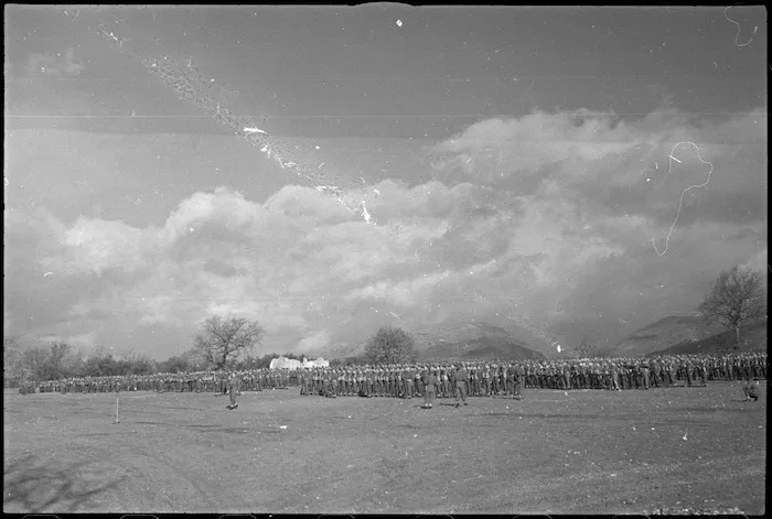 General view of parade of 6 NZ Infantry Brigade in the Volturno Valley, Italy, World War II - Photograph taken by George Kaye