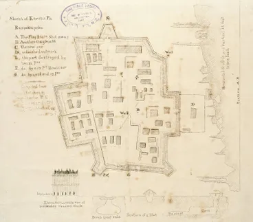 Sketch of Kawiti's Pa, Ruapekapeka, compiled from sketches by Capt. Marlow, R.E., Lieut. Leeds, H.E.I.C.N., and J.P. Du Moulin Esq, Commst. Dept. Image: Sketch of Kawiti's Pa, Ruapekapeka, compiled from sketches by Capt. Marlow, R.E., Lieut. Leeds, H.E.I.C.N., and J.P. Du Moulin Esq, Commst. Dept.