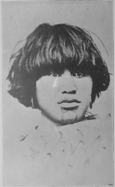 Image: Fig. 30.—A Maori girl, showing two lines over upper lip, three on lower lip, — and ornament on chin. — Erena of Maketu Pa. 1864. — a great friend of General Robley