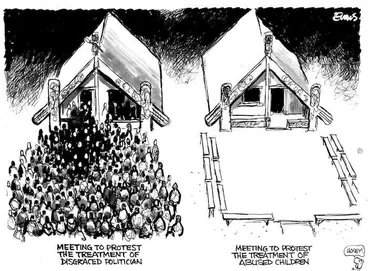Image: Evans, Malcolm 1945- :'Meeting to protest the treatment of disgraced politician. Meeting to protest the treatment of abused children. 'Hooey!' NZ Herald. 3 July 2000.